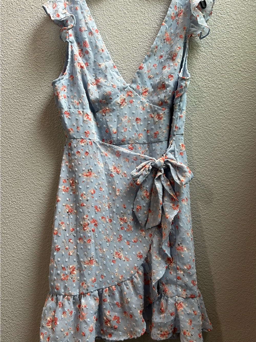 Floral Wrap Ruffle Dress - Light Blue ( the back button is not original)